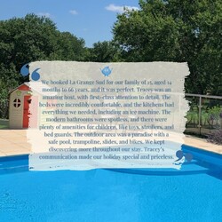 Another fantastic review for our super host Tracey! ðŸŒŸ

La Grange Sud is a beautiful holiday villa with two accommodation areas, The Farmhouse and The Barn, offering a total of 6 bedrooms, two seating rooms, and two kitchens, with interconnected doors between both sitting rooms. It features a large garden for running around, a private enclosed swimming pool for splashing, terraces for al fresco dining and socializing, and bikes for the whole family! ðŸš´â€â™‚ï¸ðŸ¡

Concierge service is available, and the owners can arrange family-friendly wine tasting, grocery shopping, a chef, and babysitting! ðŸ·ðŸ‘¨â€ðŸ³ðŸ‘¶

#5starreview #holidaytots #happy #hapoyholidays #villa #francefamilyholiday #franceholisay #happyfamily